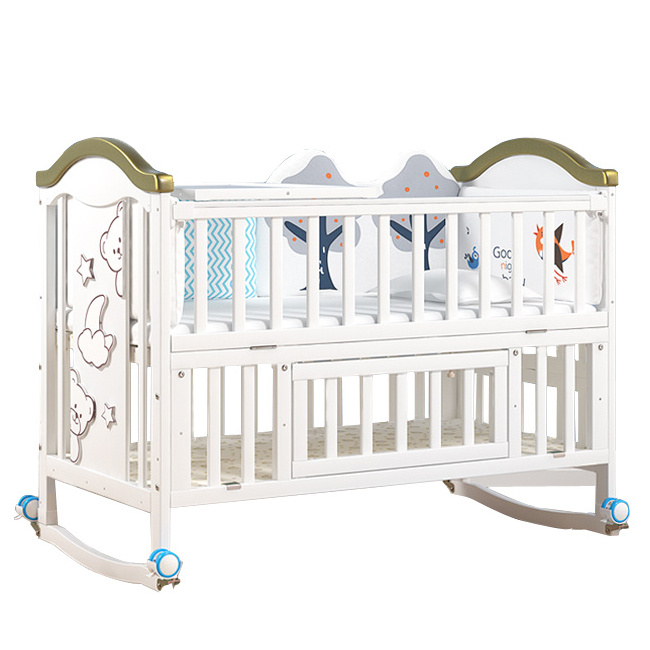 Solid Wood Toddler Sleeping Bed Baby Swing Rocking Kids Cribs with Bumpers Multifunction Height Adjustable Classic Modern Crib