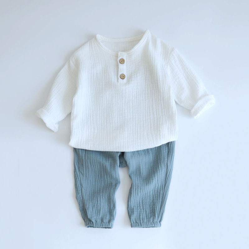 2PCS Autumn Baby Boy Clothes Sets 0-4Y Toddler Kids Muslin Organic Cotton Long Sleeve T-shirt + Loose Pants Children Outfits