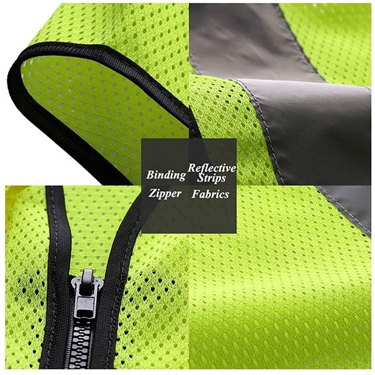 High Visibility Mesh Safety Cheap Yellow Reflector Jacket Reflective Vest with Pockets and Zipper