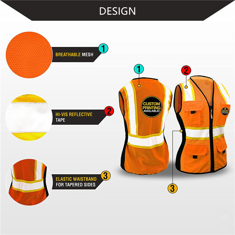 women back breathable mesh pockets high reflective slim fit safety vest