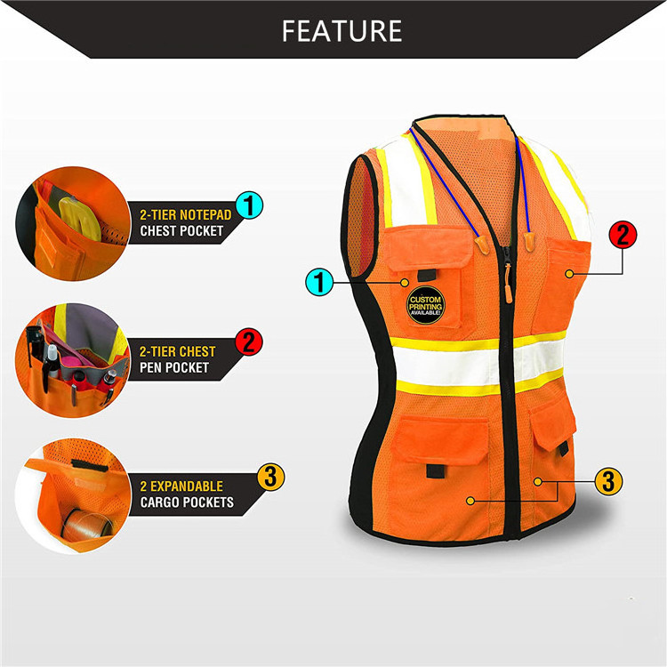 women back breathable mesh pockets high reflective slim fit safety vest