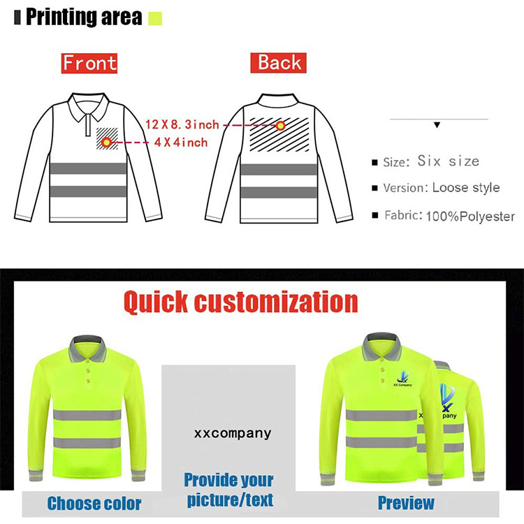 Customize Your Logo High Visibility Protective Safety Long Sleeve Workwear Polo Reflective T Shirt