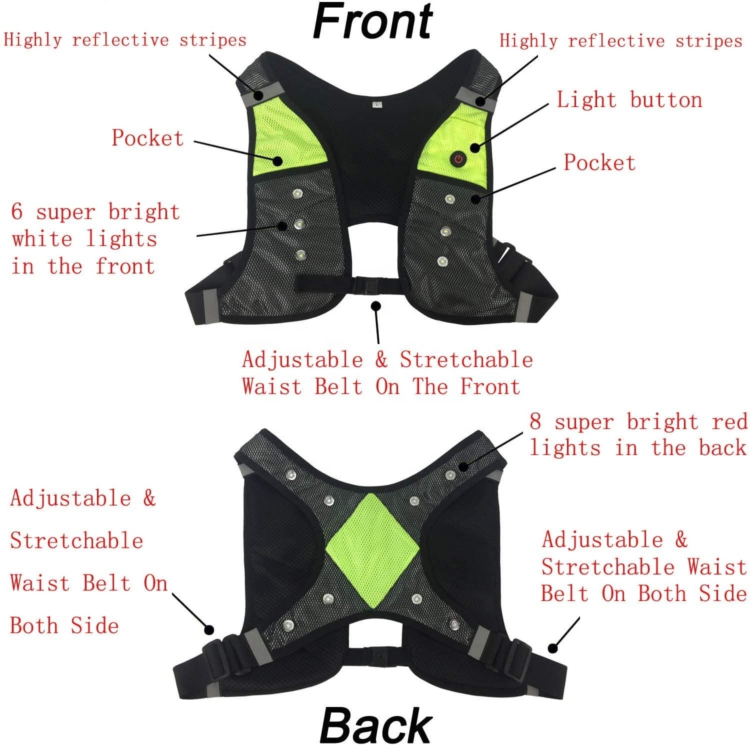 Adjustable USB Rechargeable LED Reflective Safety  Sports Vest