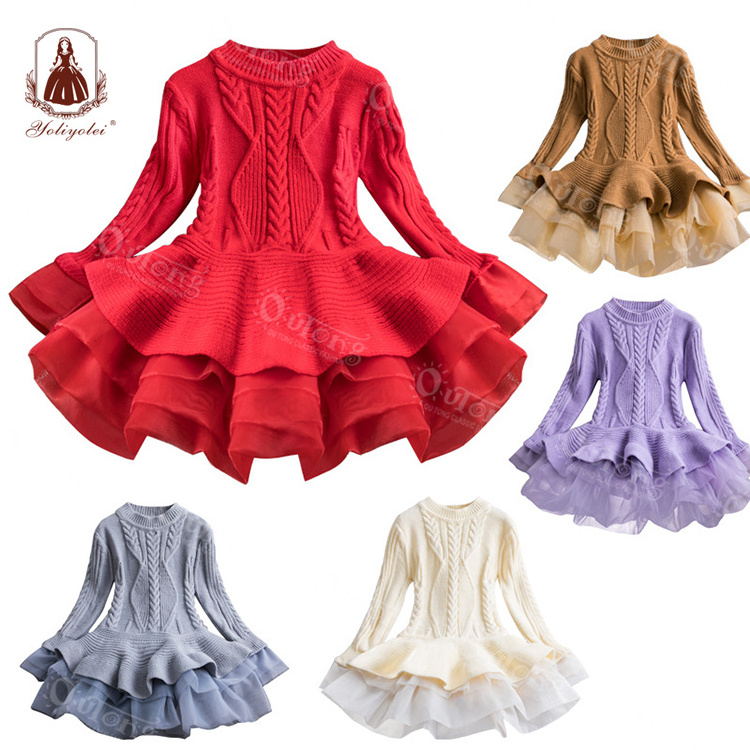 Winter Fashion Solid Tulle Warm Sweater Tutu Design Dress Infant Baby Knitted Children Girl Long Sleeve Toddler Kids Girls Dress