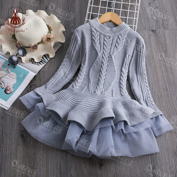 Winter Fashion Solid Tulle Warm Sweater Tutu Design Dress Infant Baby Knitted Children Girl Long Sleeve Toddler Kids Girls Dress