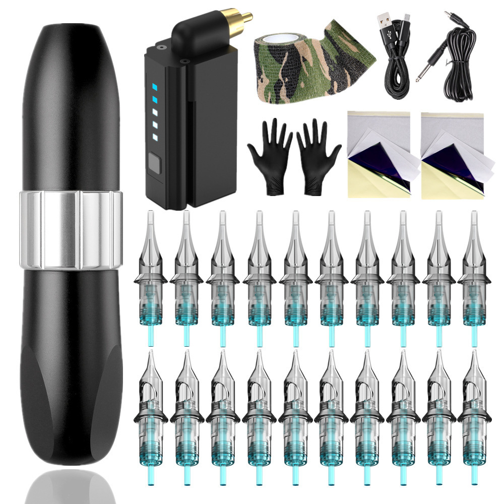 Beginner Quality Rotary Tattoo Pen Kit 1500mAH Wireless Power Supply Tattoo Needle Cartridges 20pcs Complete Tattoo Machine Kit