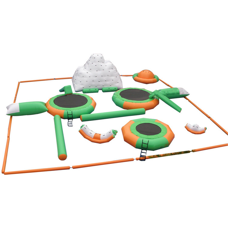 Floating water trampoline park with totter teeter and other single single water toys