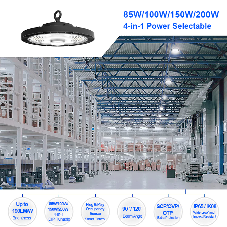 Highbay 85W 100w 150w 200w  commercial & industrial DIP dimmable hi bay indoor warehouse factory fixture ufo led high bay lights