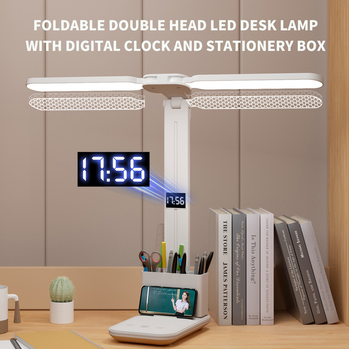 2 Head LED Desk Lamp USB Dimmable Foldable Rechargeable Table Lamp with Clock Night Light for Reading Lamp Smart Light