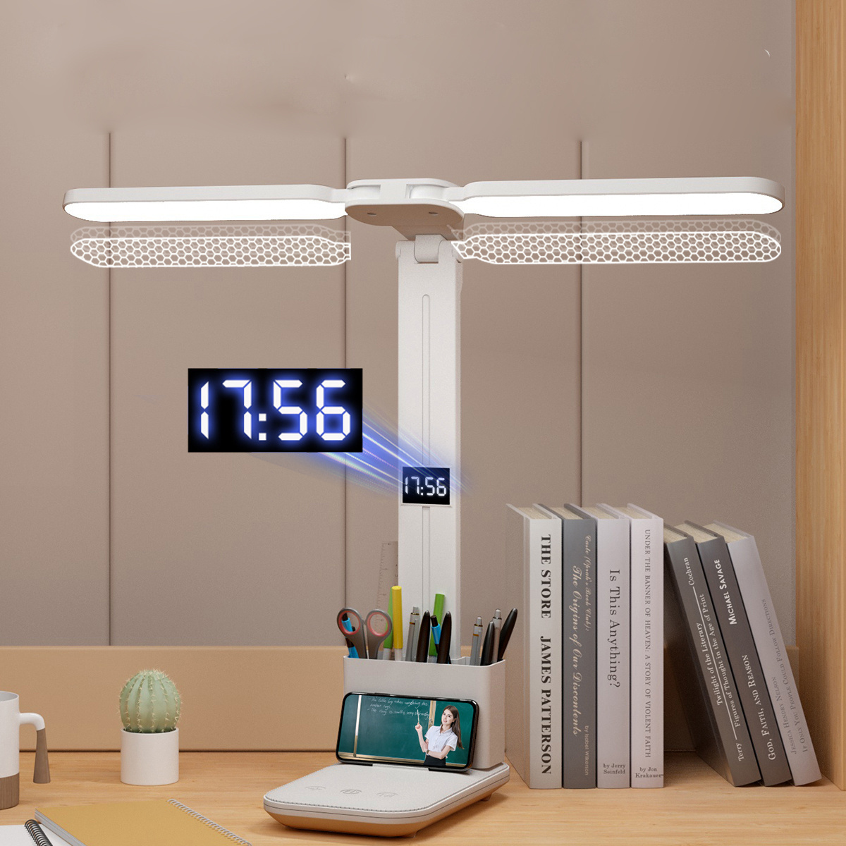 2 Head LED Desk Lamp USB Dimmable Foldable Rechargeable Table Lamp with Clock Night Light for Reading Lamp Smart Light