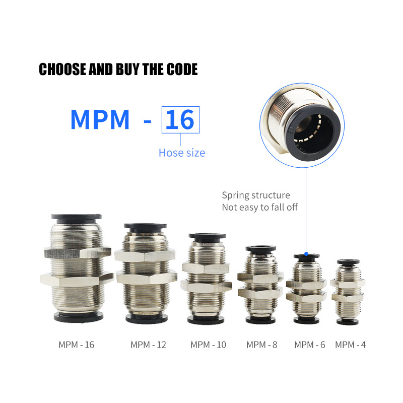 PM series 4mm 6mm 8mm 10mm 12mm 16mm one-touch metal bulkhead air straight connector tube push in fitting