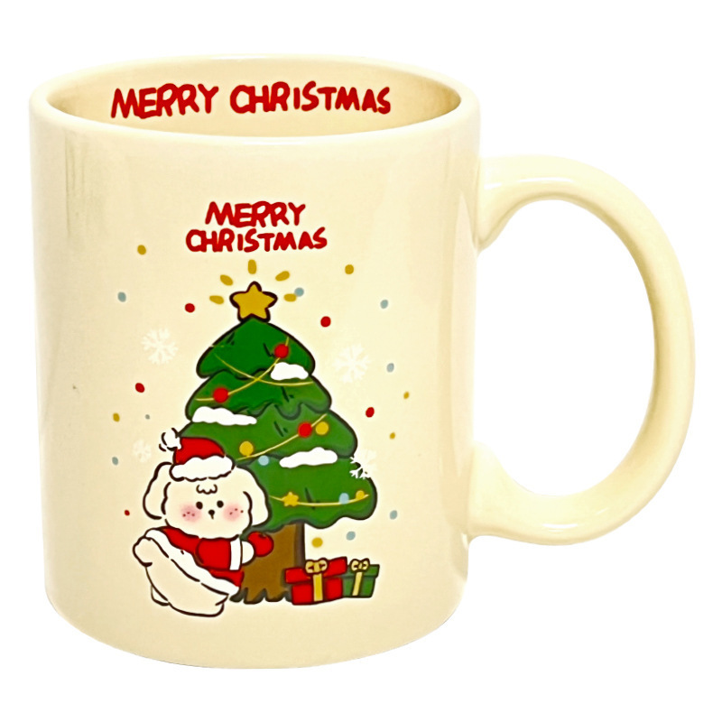 Light yellow Mug Cups Christmas Tree and Dog Pattern Ceramic Mug Cup For Christmas Gift