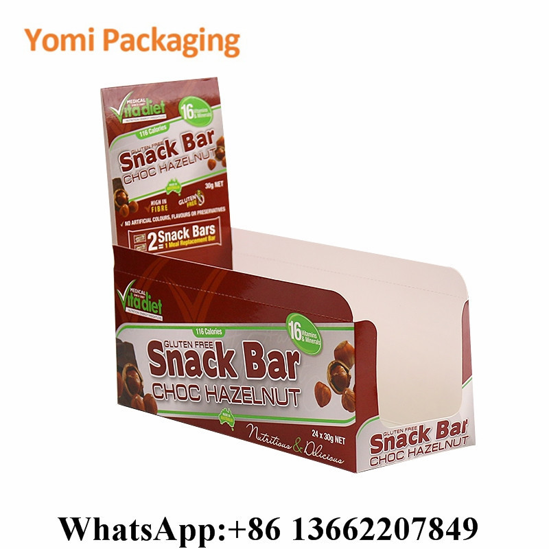 Biodegradable Custom design logo cardboard snack chocolate whey Protein Bar packaging counter display box