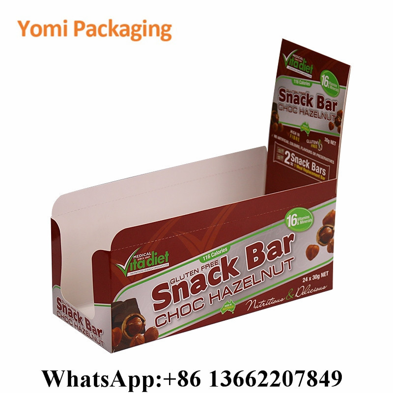 Biodegradable Custom design logo cardboard snack chocolate whey Protein Bar packaging counter display box