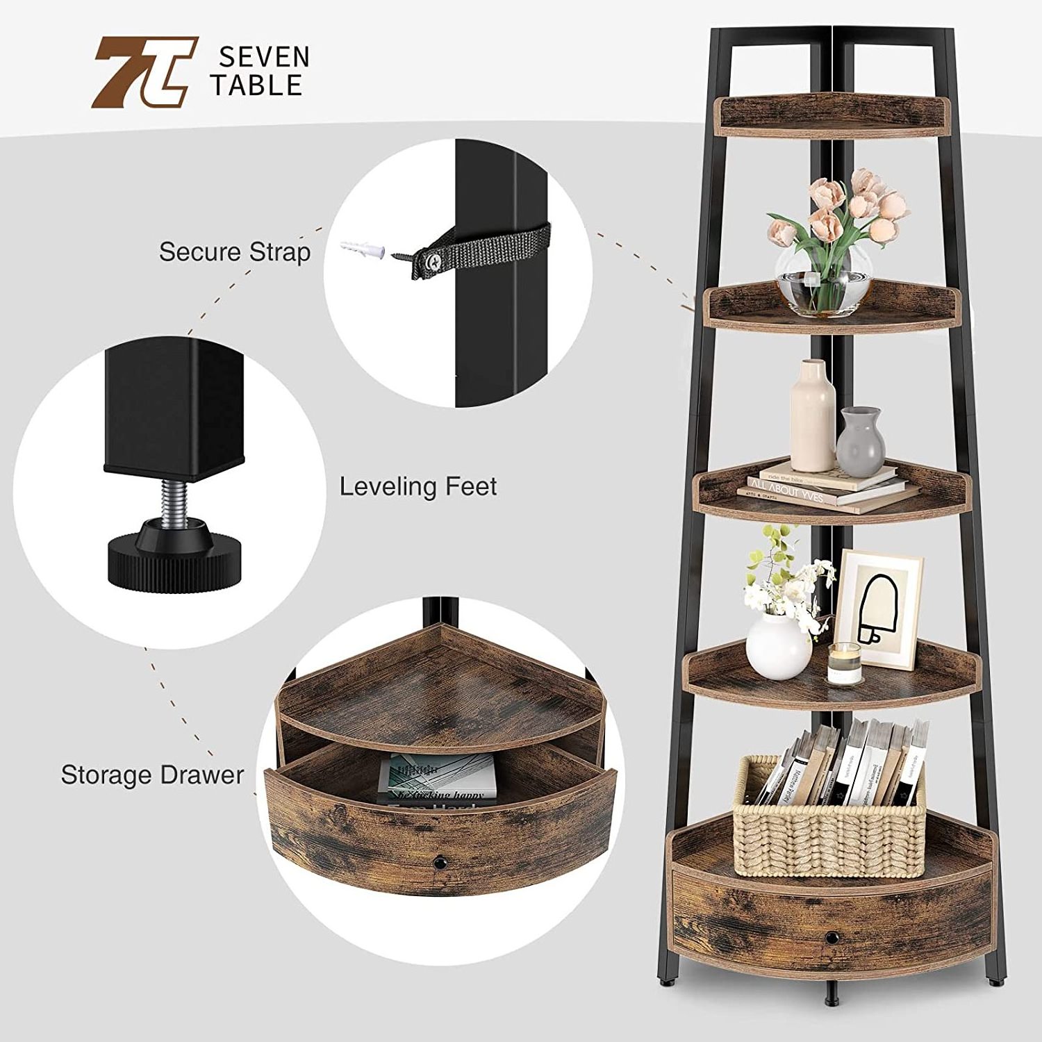 Corner Shelf 5-Tier Tall Corner Bookshelf with Drawer  Free Standing Storage Rack