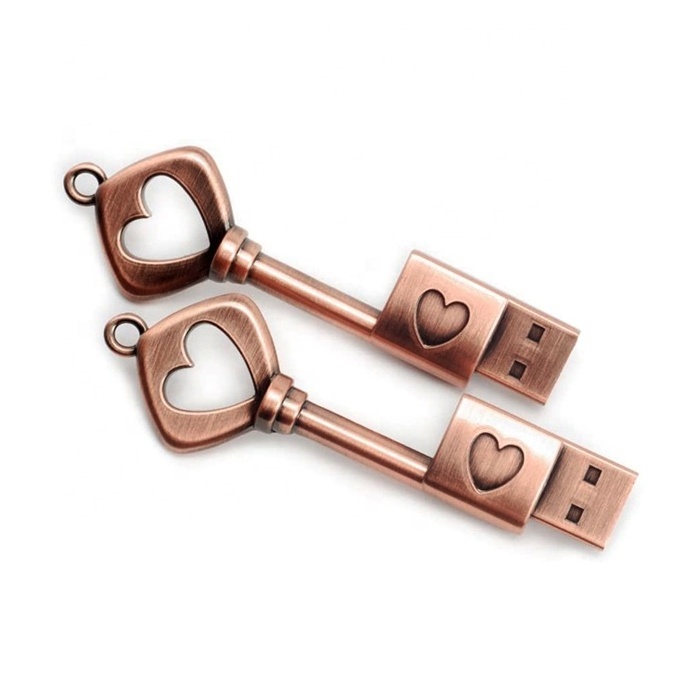 YONANSON Creative Metal Heart Key Copper USB Flash Drive 4GB 8GB 16GB 32GB With Logo Engraved