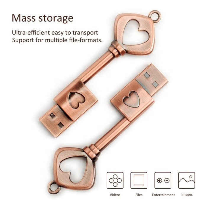 YONANSON Creative Metal Heart Key Copper USB Flash Drive 4GB 8GB 16GB 32GB With Logo Engraved