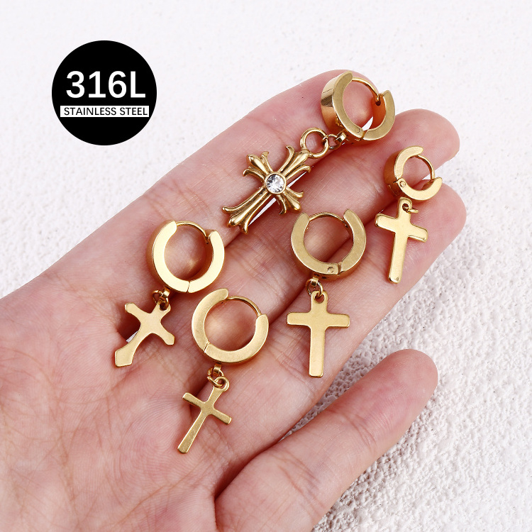 2023 Fashion Punk Style Gold Plated Stainless Steel Men Women Huggies Cross Stud Earrings