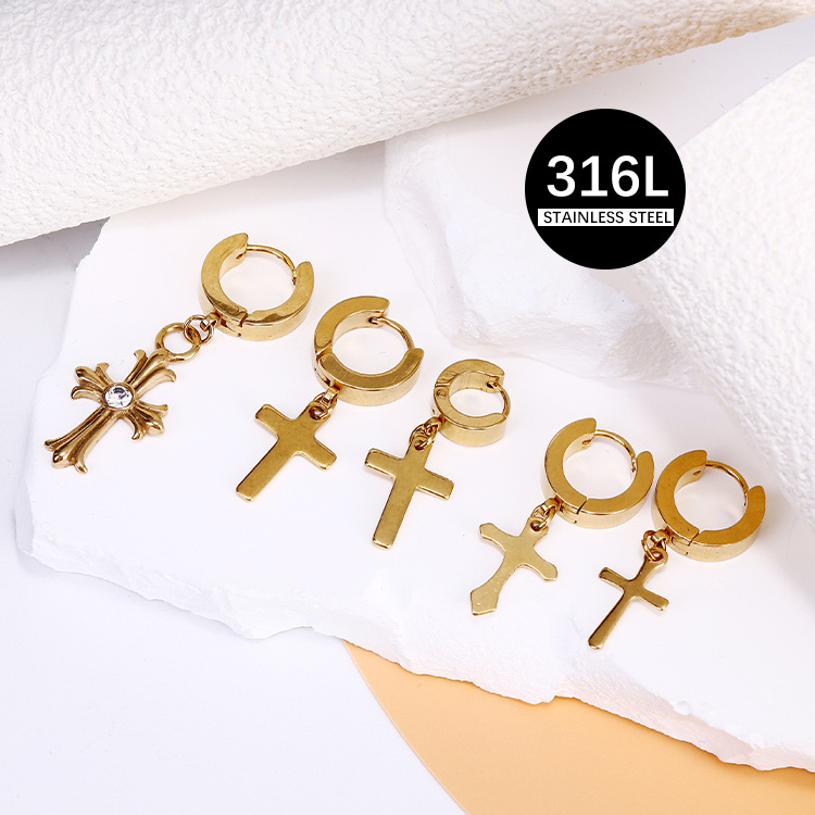 2023 Fashion Punk Style Gold Plated Stainless Steel Men Women Huggies Cross Stud Earrings