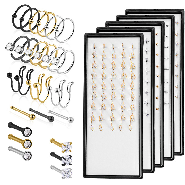 40pcs Box 316l Surgical Steel Crystal Nose Rings Stud Piercing Jewelry Women Man Nose Ring Piercing