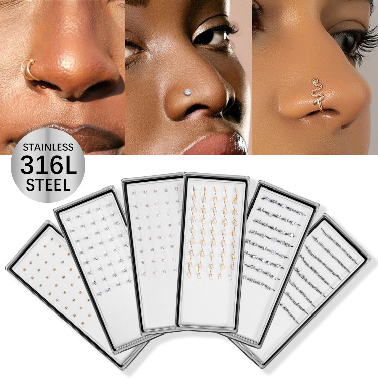 40pcs Box 316l Surgical Steel Crystal Nose Rings Stud Piercing Jewelry Women Man Nose Ring Piercing