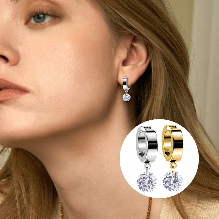 Fake Earrings Non-Piercing Clip Women's Stainless Steel Gold Plated Zircon Dangle Earrings