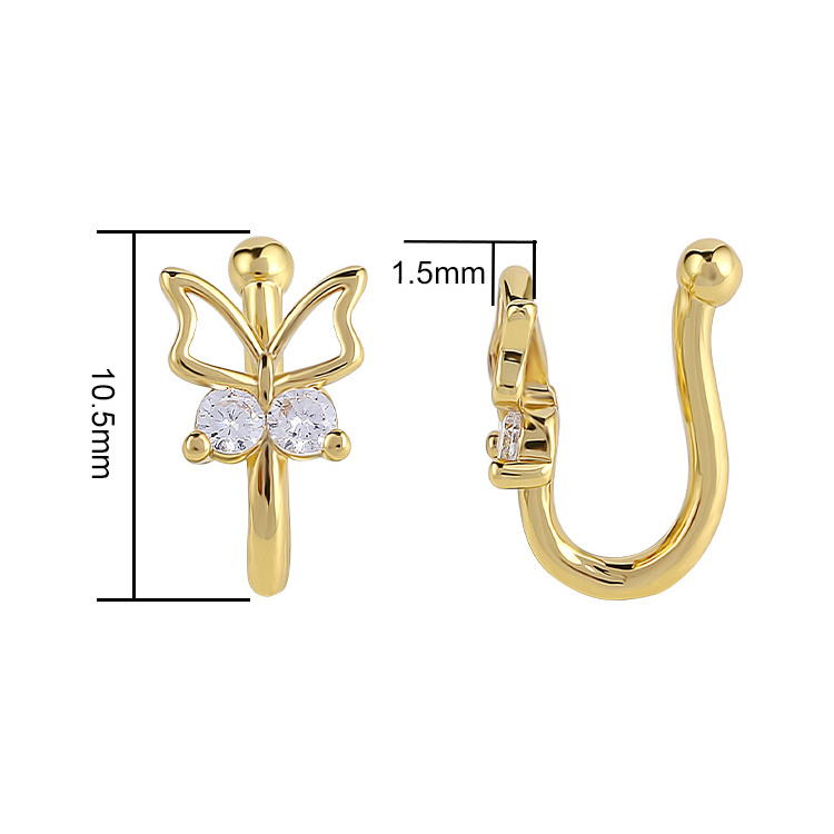 New Butterfly Gold Plated Crystal CZ Fake Nose Hoop Ring Non Piercing Septum Jewelry for Women