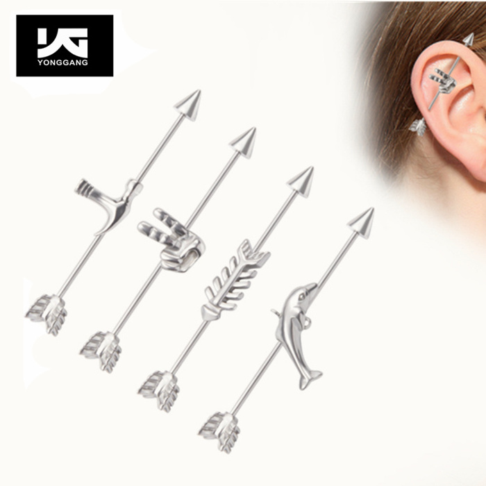 Stainless Steel New Arrival Fashion Axe Finger Fish Bone Dolphin Industrial Barbell Body Piercing Jewelry