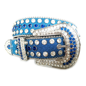 Western cowboy women PU leather western belt buckle designer sky blue rhinestone belt bb simon