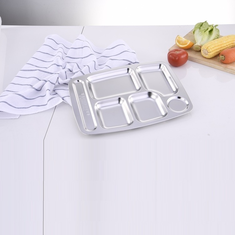 YongFa Stainless Steel Serving Trays Food Storage 5 Compartments For School Lunch Tray Canteen Dinner Plate