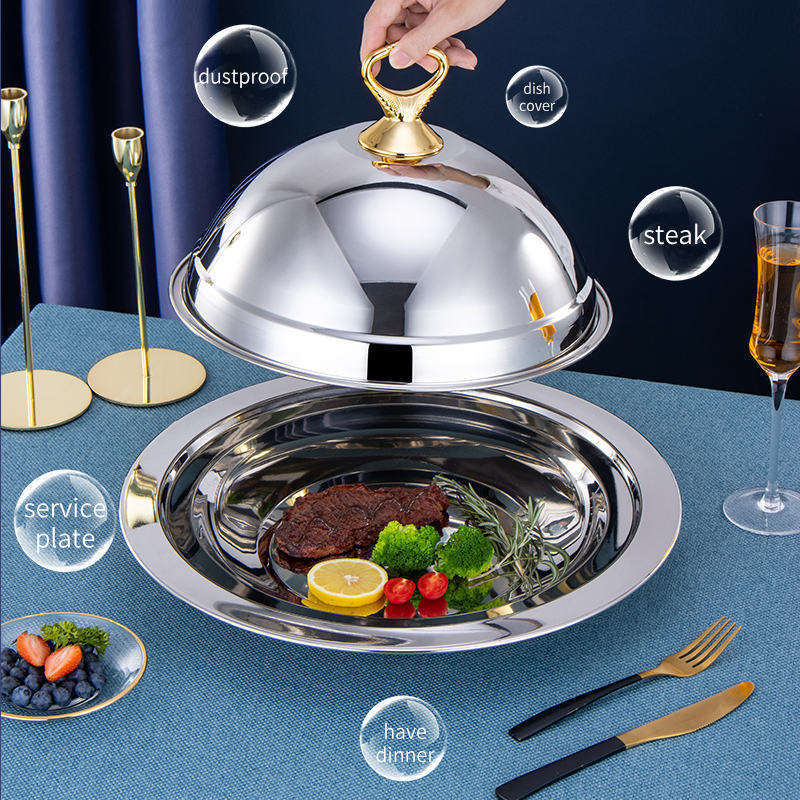 Wholesale Luxury Stainless Steel Serving Tray With Dome Cover Food Plate With Lid Dinner Platter With Cover