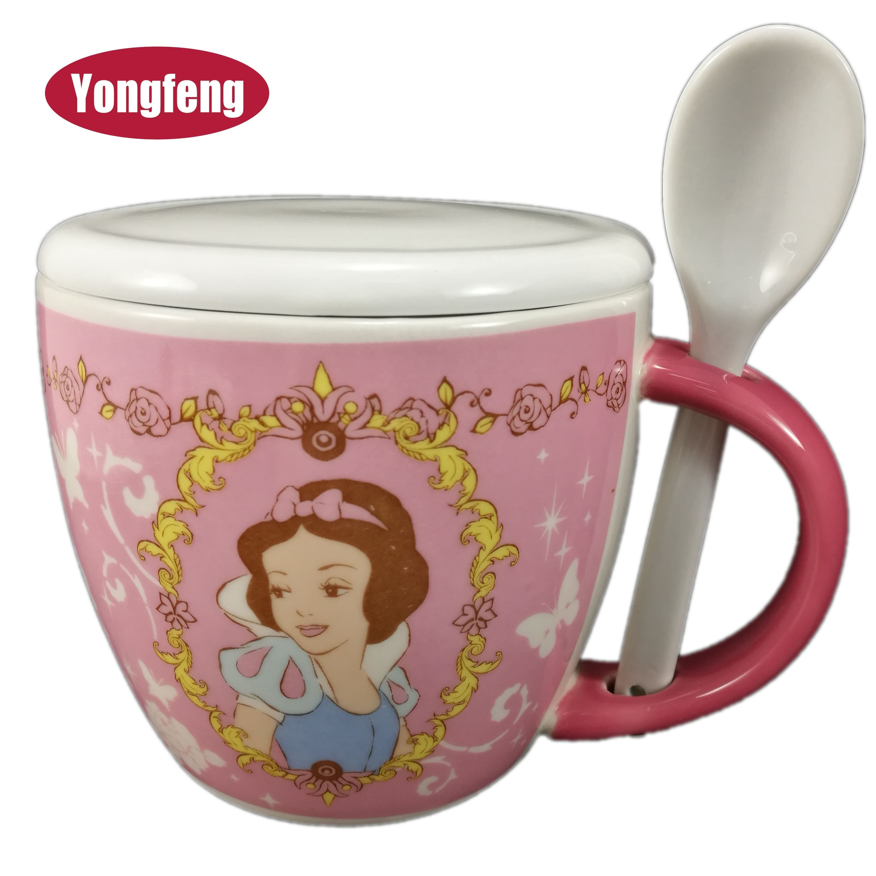 custom printed cartoon design pink 4.8 inch ceramic noodle bowls with lid