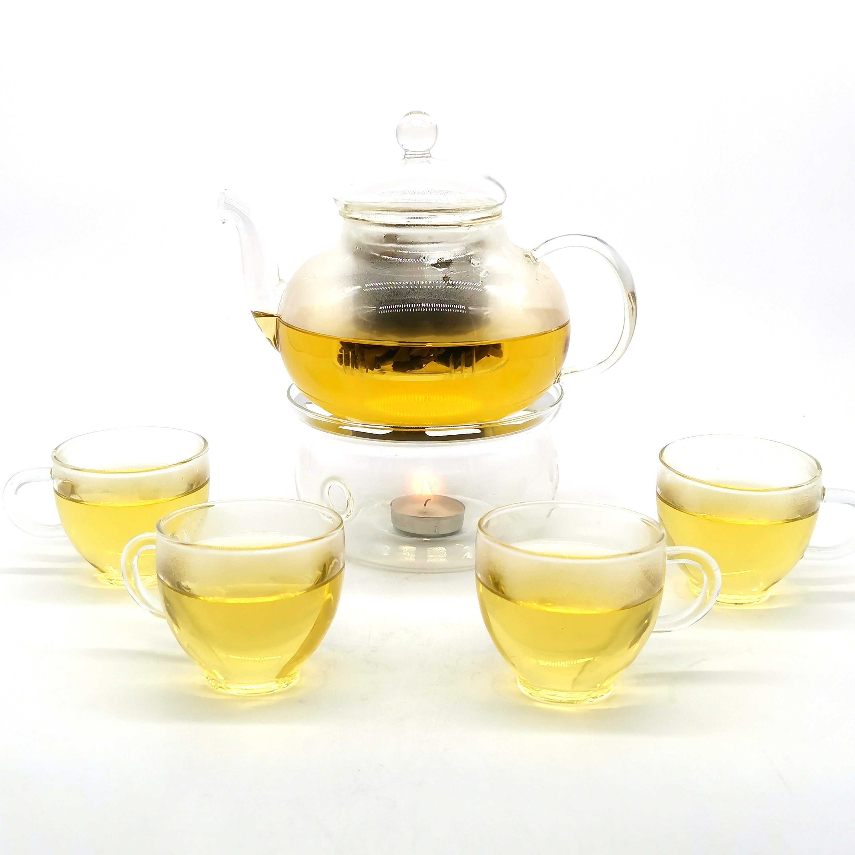 China supplier borosilicate 23 oz combined  teapot cup glass teapot and cup set with teapot warmer and glass strainer