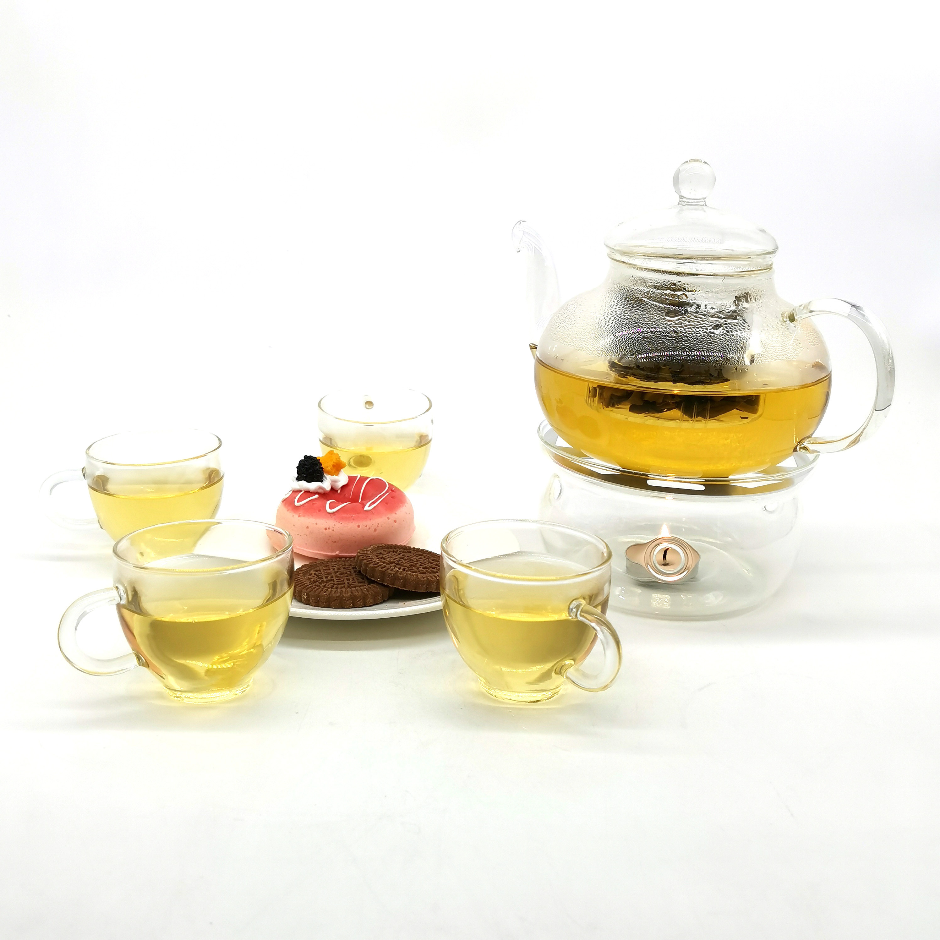 China supplier borosilicate 23 oz combined  teapot cup glass teapot and cup set with teapot warmer and glass strainer