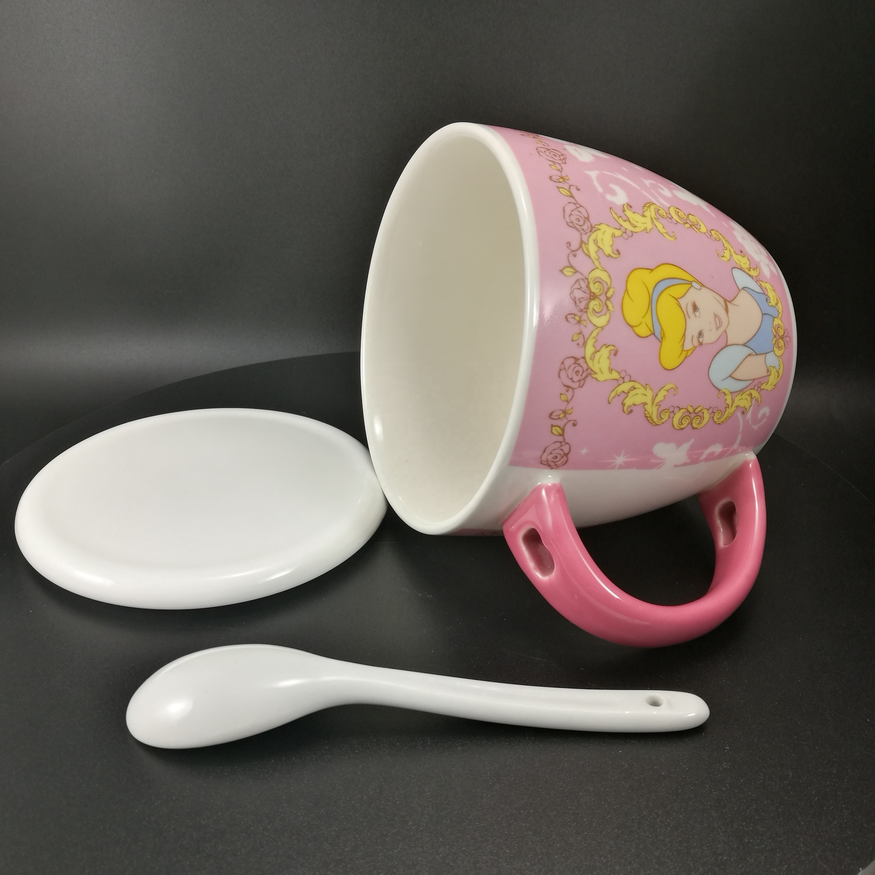 custom printed cartoon design pink 4.8 inch ceramic noodle bowls with lid