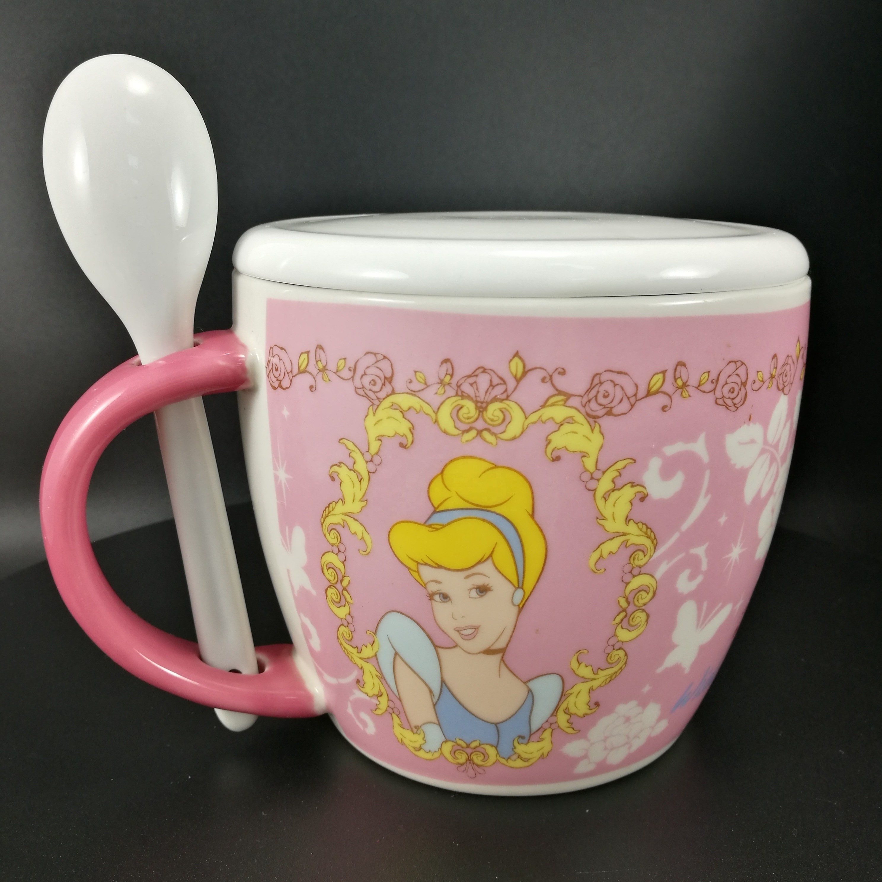 custom printed cartoon design pink 4.8 inch ceramic noodle bowls with lid