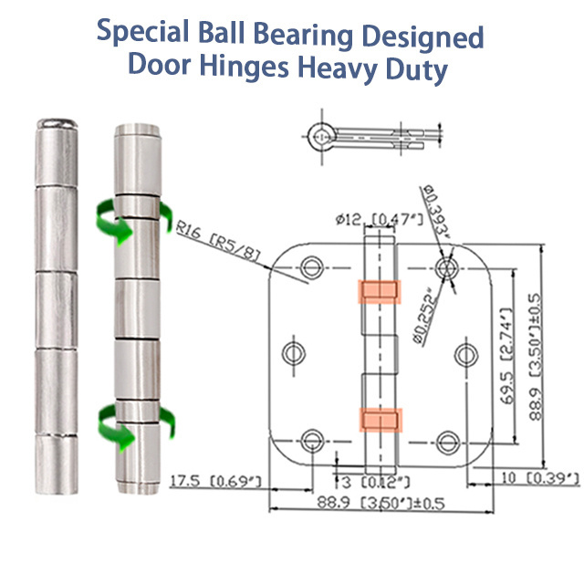 Door Hinge Spring Ball Bearing Rounded  Corner 3.5 inch x inch Silver Black Heavy Duty Door Hinges 304 Stainless Steel Hinge