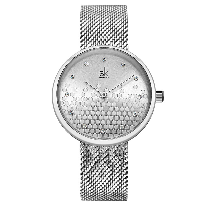 SK Brand Mesh Lady Wrist Watch Honeycomb Creative Women Watch Fashion Silver Alloy Watch K0125L