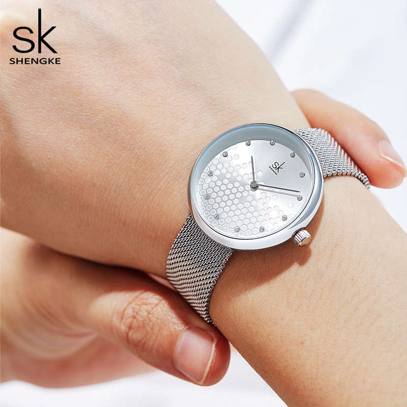 SK Brand Mesh Lady Wrist Watch Honeycomb Creative Women Watch Fashion Silver Alloy Watch K0125L