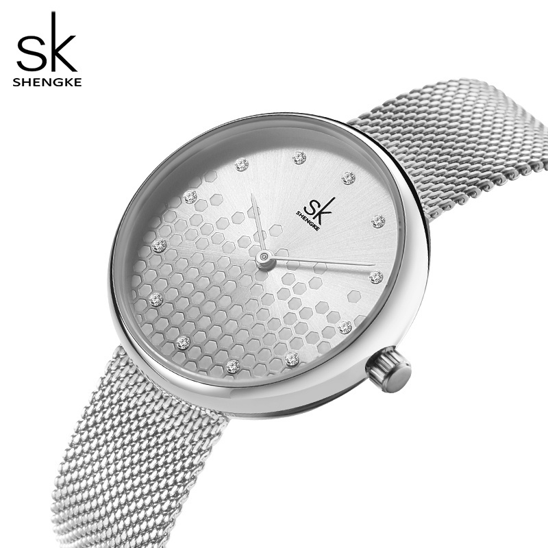 SK Brand Mesh Lady Wrist Watch Honeycomb Creative Women Watch Fashion Silver Alloy Watch K0125L