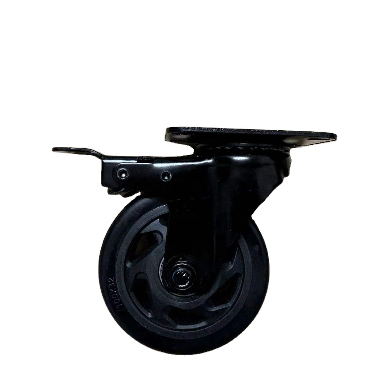 Heavy Duty 4 Inch 100mm All Black Castor Swivel Break Plate Threaded Stem Trolley Caster for Hand Cart Wheels