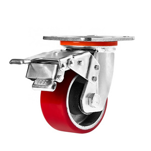 4" 5" 6" 8" Red PU Iron castor Wheels Heavi Duti Rueda Brake Swivel Heavy Duty Caster for Machinery