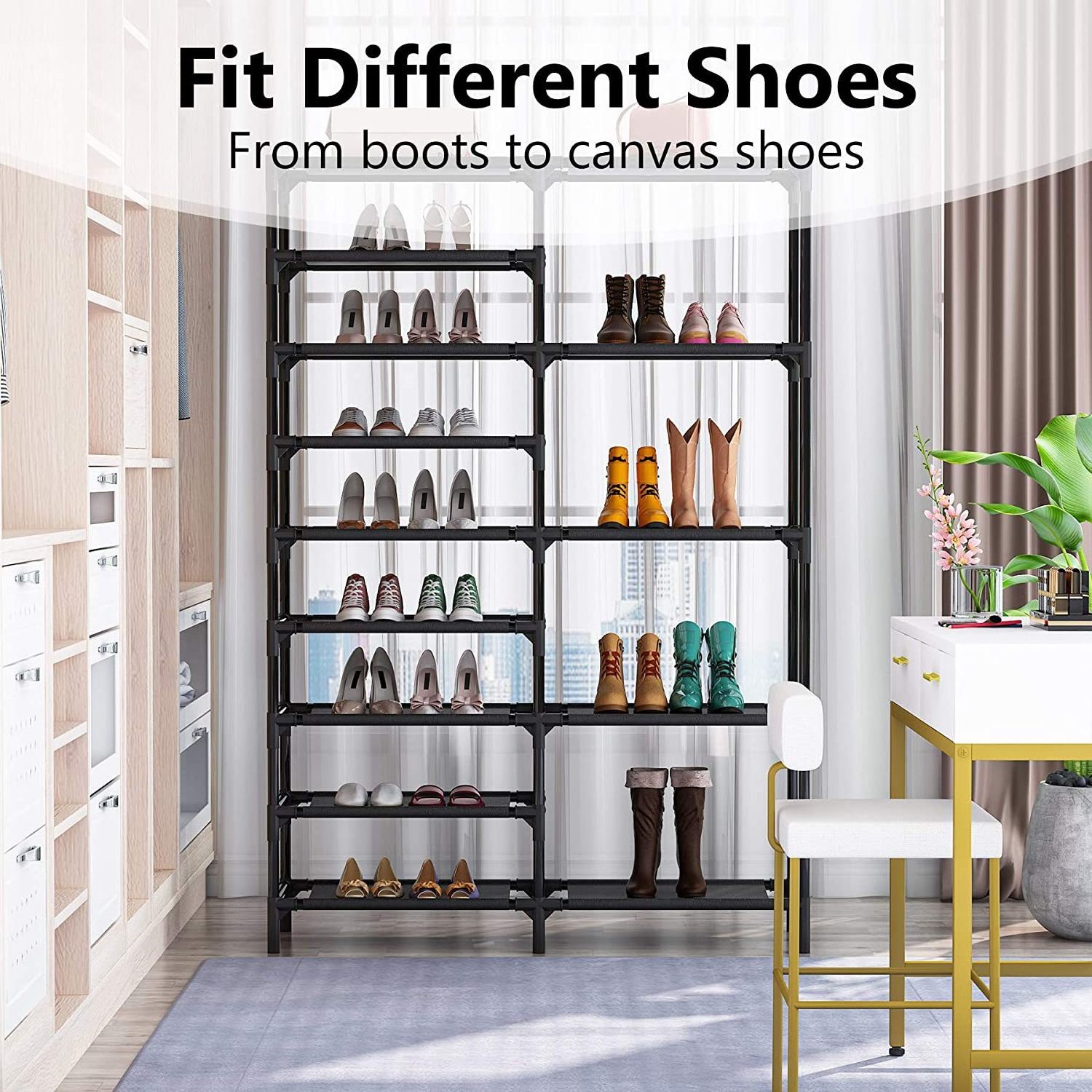 4 Tier Free Standing Metal Shoe Shelf Compact Shoe Organizer with Side Bag colorful Shoe Rack Storage Organizer for Entryway