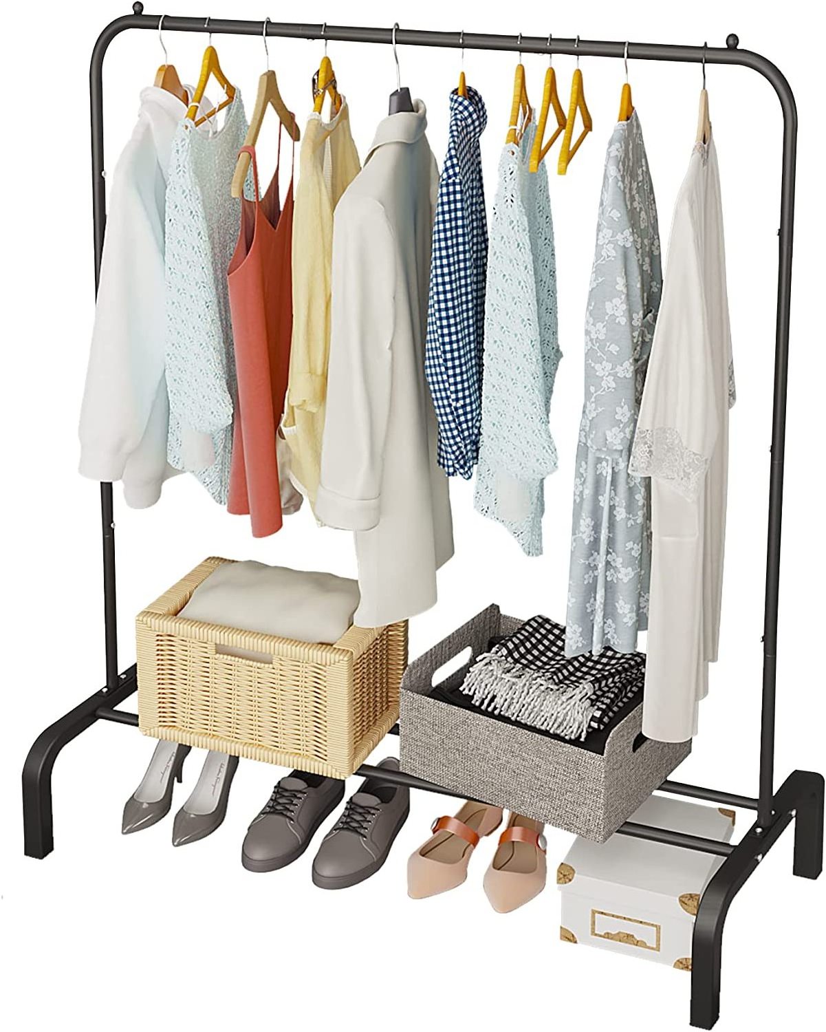 Modern design black metal foldable market clothing hanger coat rack with wheels for living room and bedroom