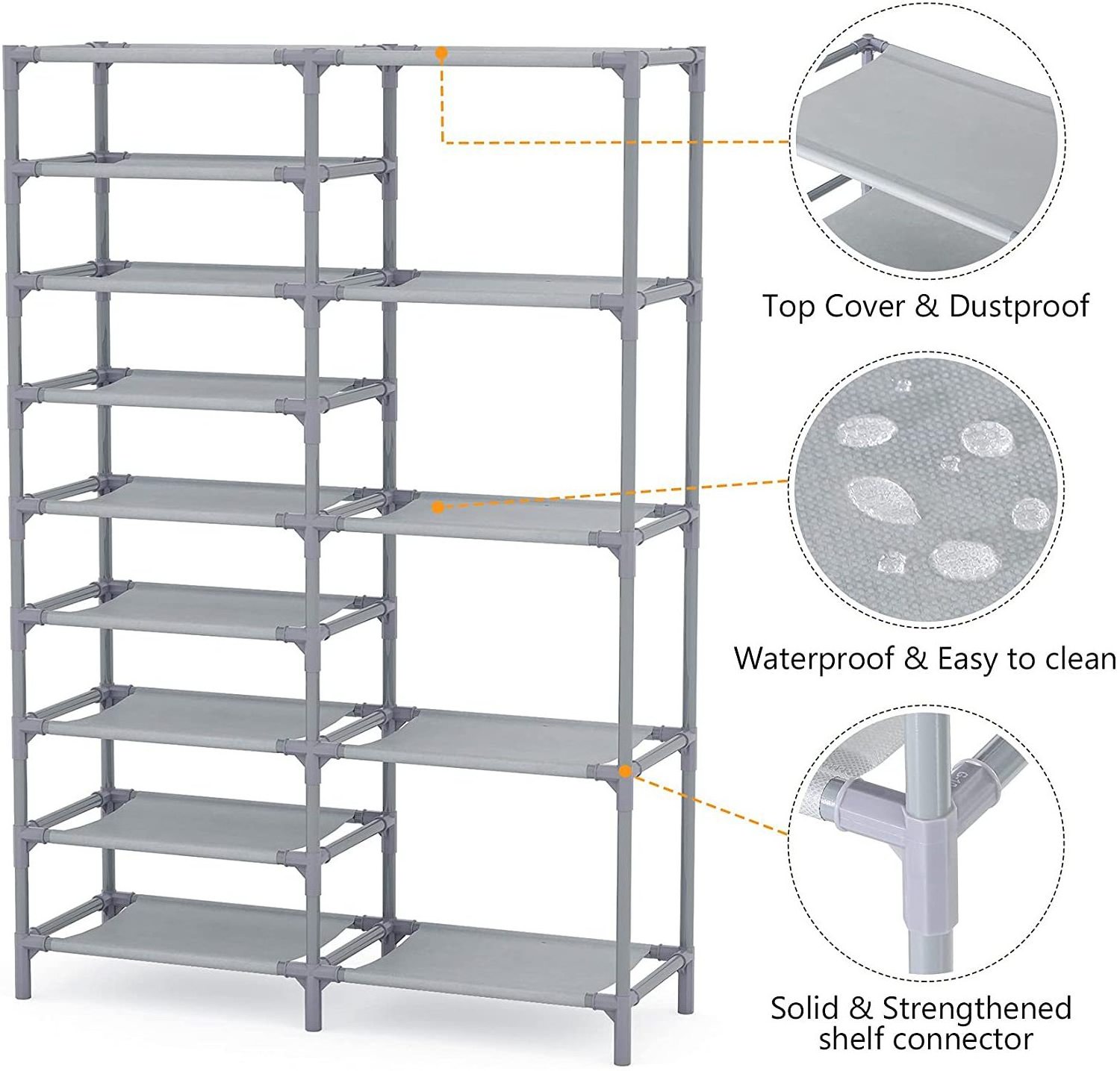 Waterproof Side and Top Covering & Dustproof non-woven fabric High-quality PP connectors metal iron shoe rack shelf organizer