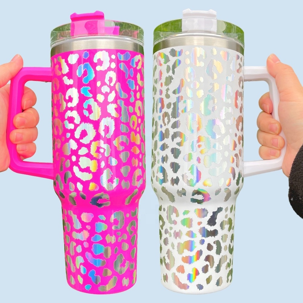 Vinyl Wrap Decal  leopard Double Wall Coffee Cups 40oz holographic leopard tumblers  Stainless Steel Double Insulated Cup