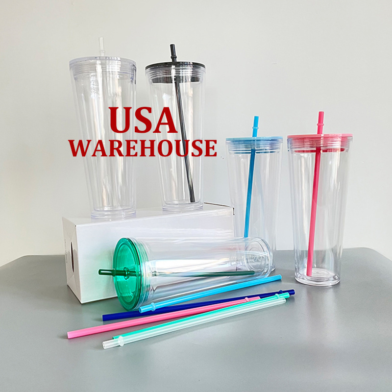 US warehouse free shipping double walled Insulated plastic blank 24oz snow globe tumbler beer glass with Lids and Straws