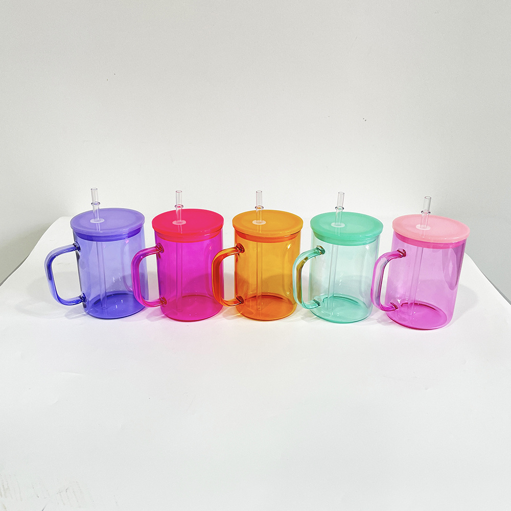 suitable for vinyl 17oz colorful clear jelly glass mug Tea Milk Beer sublimation colored plastic lids Coffee Mugs with Handle