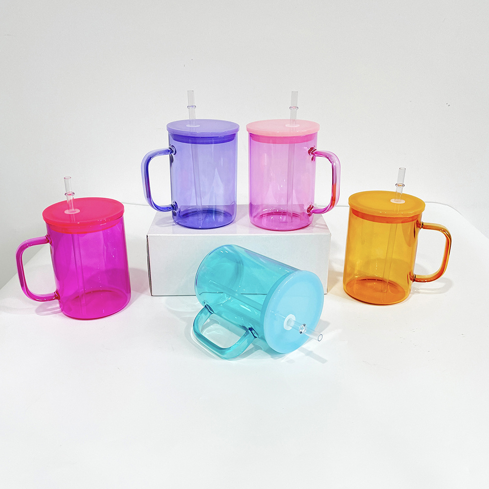 suitable for vinyl 17oz colorful clear jelly glass mug Tea Milk Beer sublimation colored plastic lids Coffee Mugs with Handle