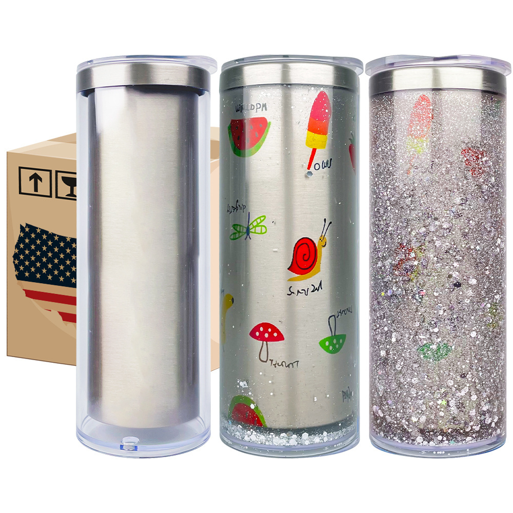 USA warehouse 20oz White sublimation blanks DIY  snow globe 304 stainless steel straight storyboard snow globe skinny tumbler